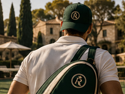 Player in a green cap with racquet bag overlooking a villa club