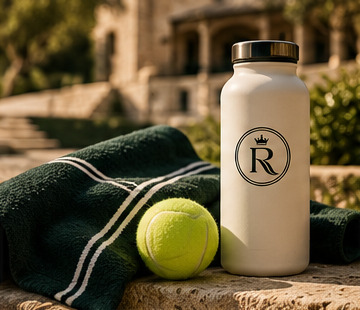 Ivory bottle, striped green towel and tennis ball on warm stone